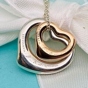 Tiffany & Co 11mm  rose gold & 16mm silver open heart necklace Elsa Peretti 16”